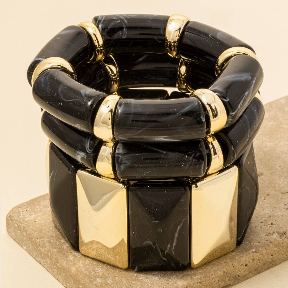 Chunky Marble Resin And Metallic Beads Elastic Bracelet Set
