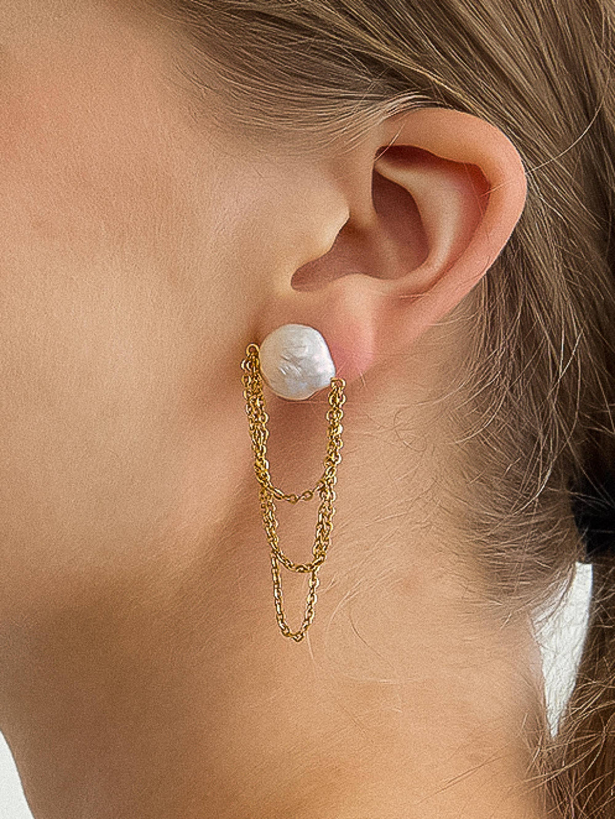 Shynelle 18K Gold Non-Tarnish Baroque Pearl Chain Earrings