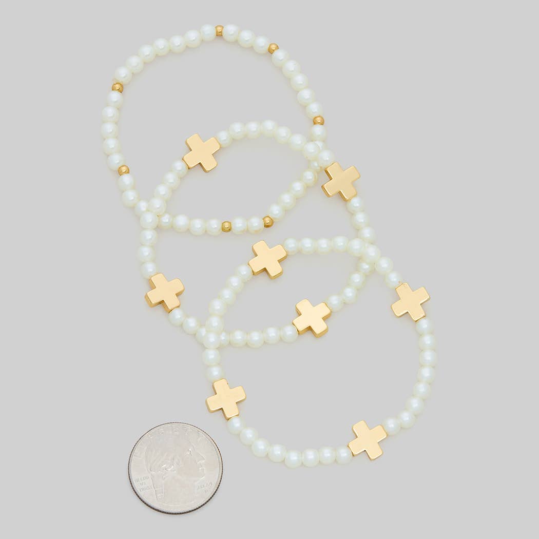 THREE PIECE CROSS CHARM BEADED STRETCH BRACELET