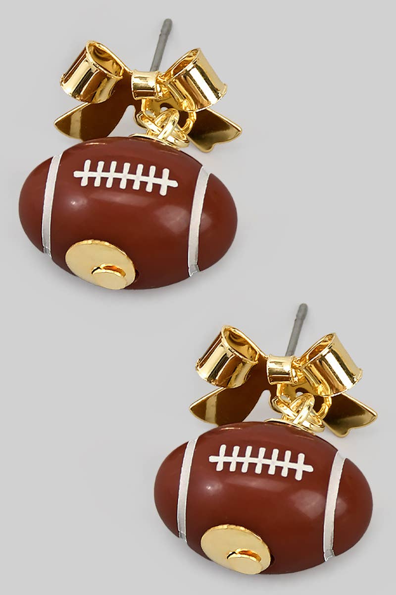 LOVELY BOW POST EARRINGS WITH DANGLING FOOTBALL: Brown / ONE SIZE