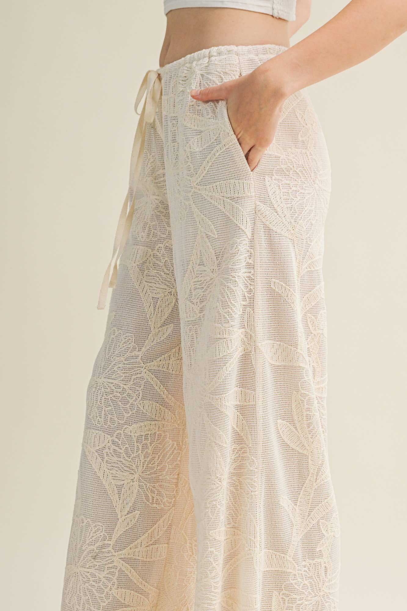 Floral Burnout Drawstring Wide-Leg Pants
