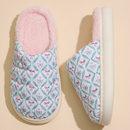 Floral Bow Quilted Cozy Slip-On Slippers