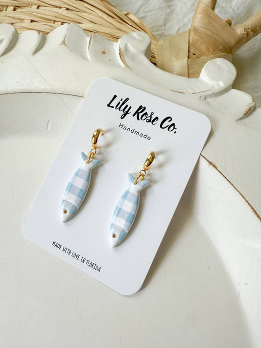 Blue Gingham Fish Earrings