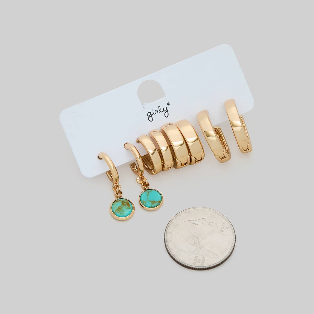 FOUR PIECE HOOP SET WITH DANGLING STONE CHARM