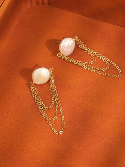 Shynelle 18K Gold Non-Tarnish Baroque Pearl Chain Earrings