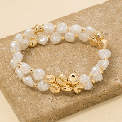 Irregular Pearl And Metallic Beaded Bracelet Set