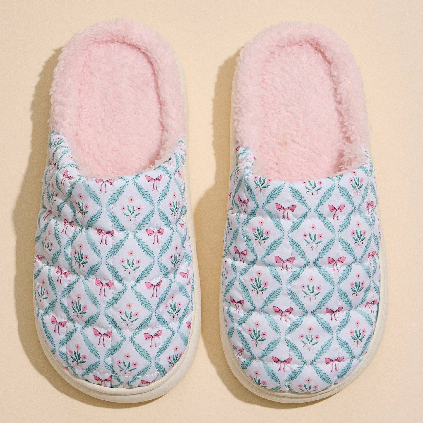 Floral Bow Quilted Cozy Slip-On Slippers