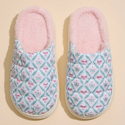 Floral Bow Quilted Cozy Slip-On Slippers