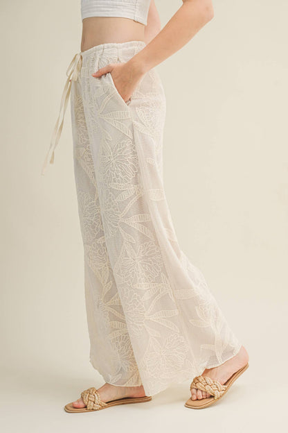 Floral Burnout Drawstring Wide-Leg Pants