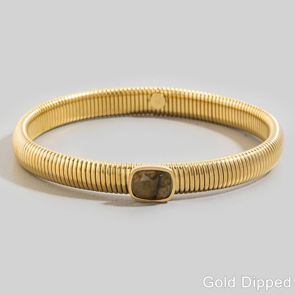 Stainless Steel Ribbed Stone Bangle Bracelet