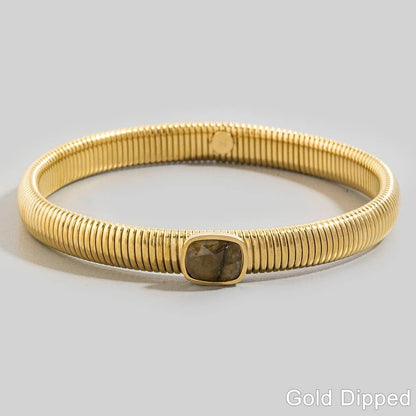 Stainless Steel Ribbed Stone Bangle Bracelet