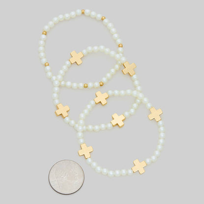 THREE PIECE CROSS CHARM BEADED STRETCH BRACELET