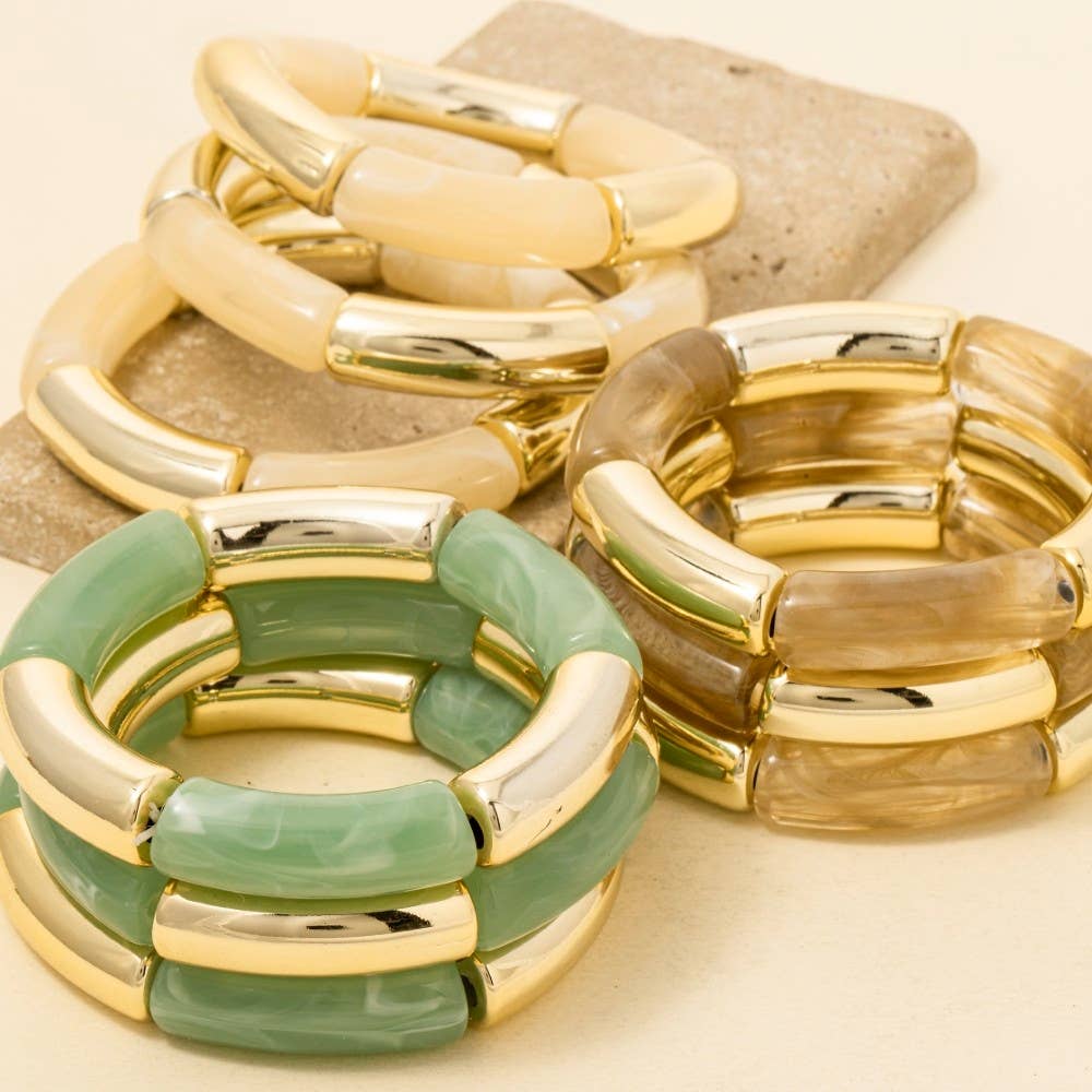 Metallic And Marble Resin Tube Elastic Bracelet Set