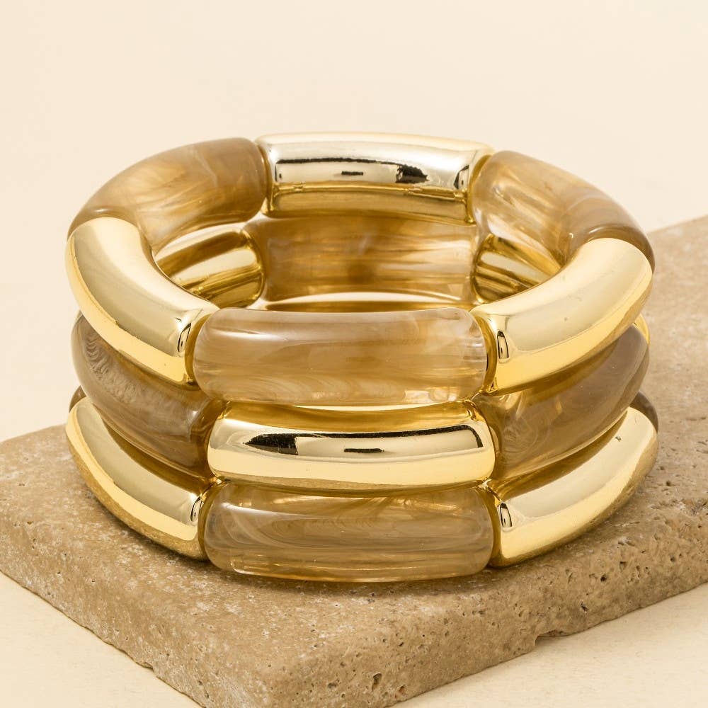 Metallic And Marble Resin Tube Elastic Bracelet Set
