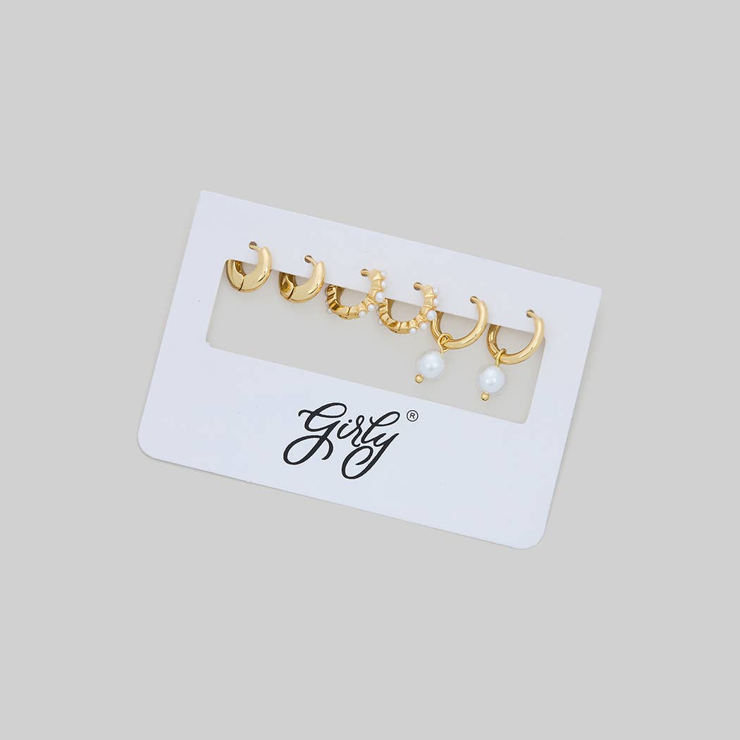 THREE PAIRS OF PEARL AND BRASS HUGGIES