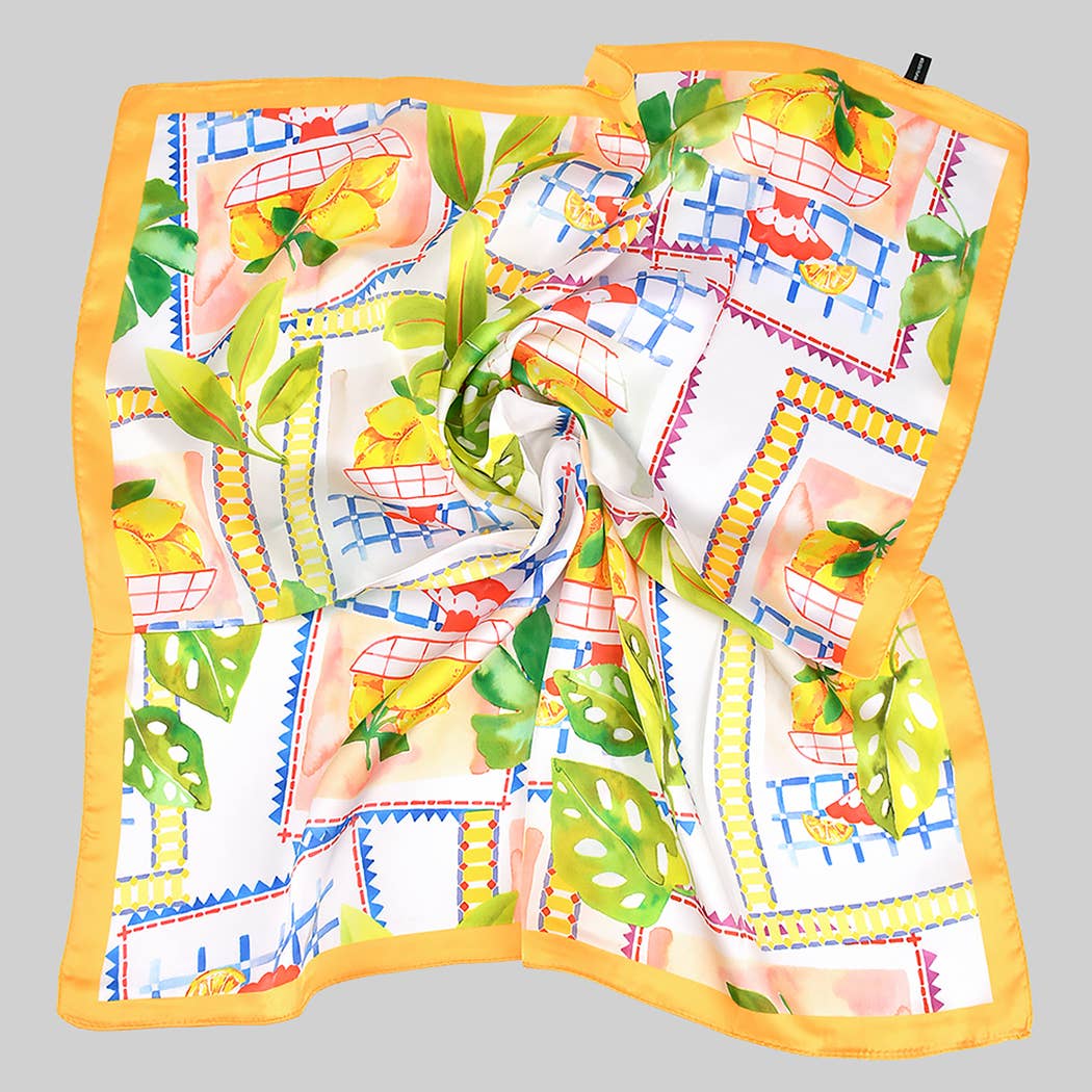 MULTI COLORED GEO LEMON PRINT SILKY SQUARE SCARF
