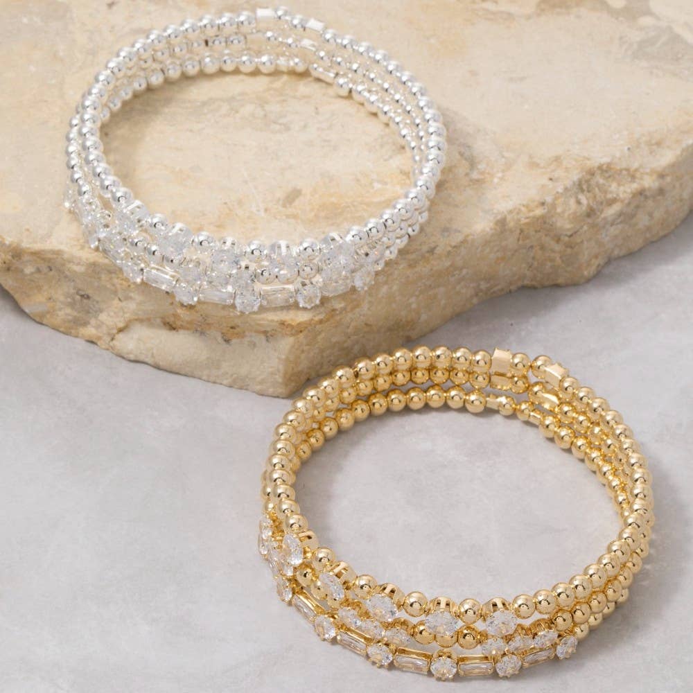 Mixed Cz & Ball Bead Stretch Bracelet Set