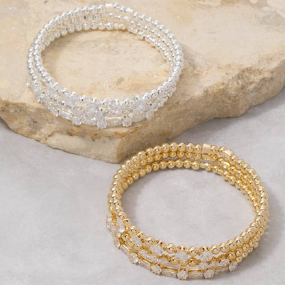 Mixed Cz & Ball Bead Stretch Bracelet Set