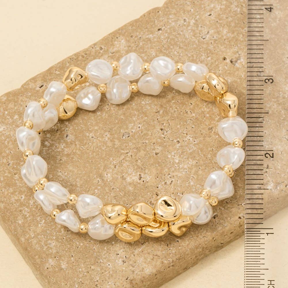 Irregular Pearl And Metallic Beaded Bracelet Set