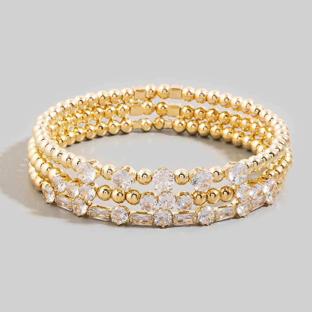 Mixed Cz & Ball Bead Stretch Bracelet Set