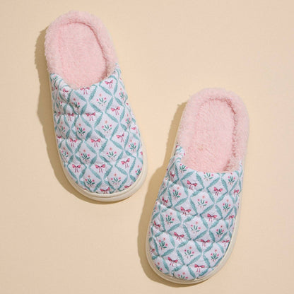 Floral Bow Quilted Cozy Slip-On Slippers