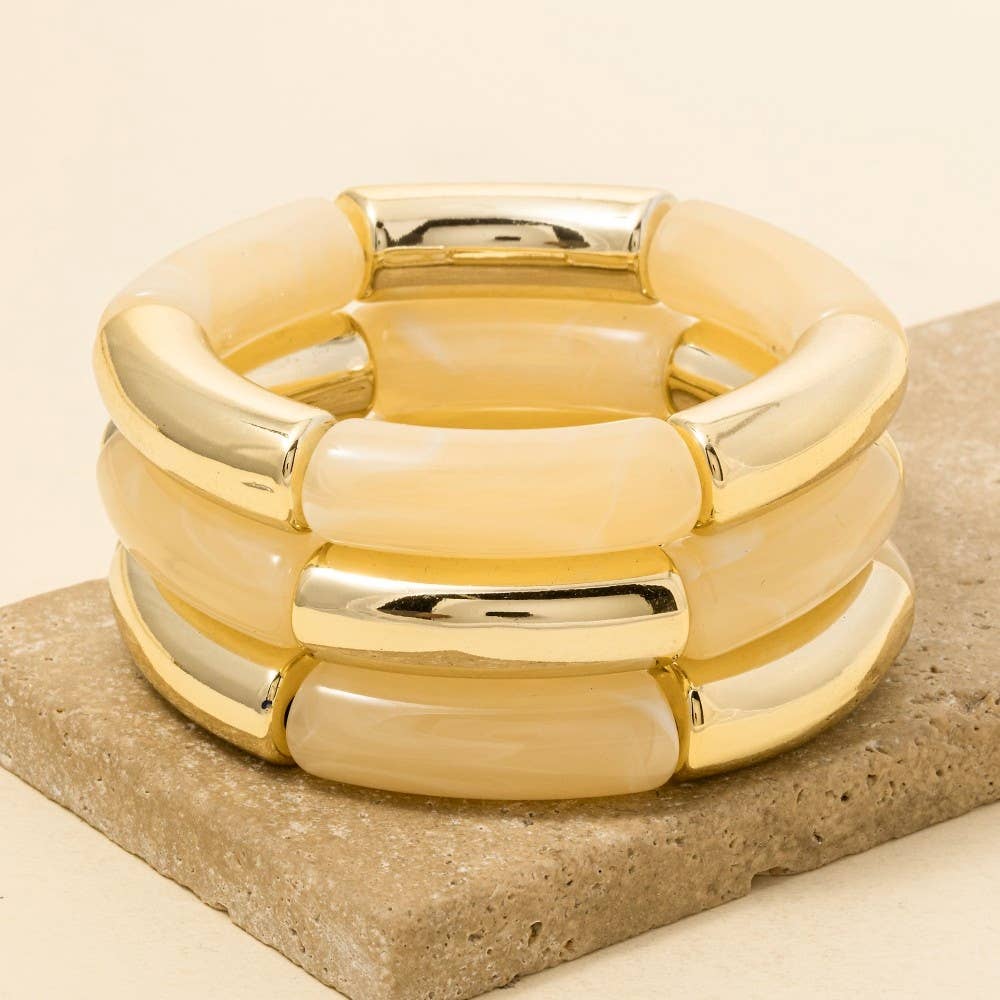 Metallic And Marble Resin Tube Elastic Bracelet Set
