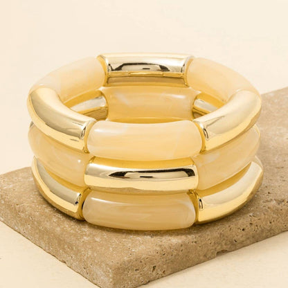 Metallic And Marble Resin Tube Elastic Bracelet Set