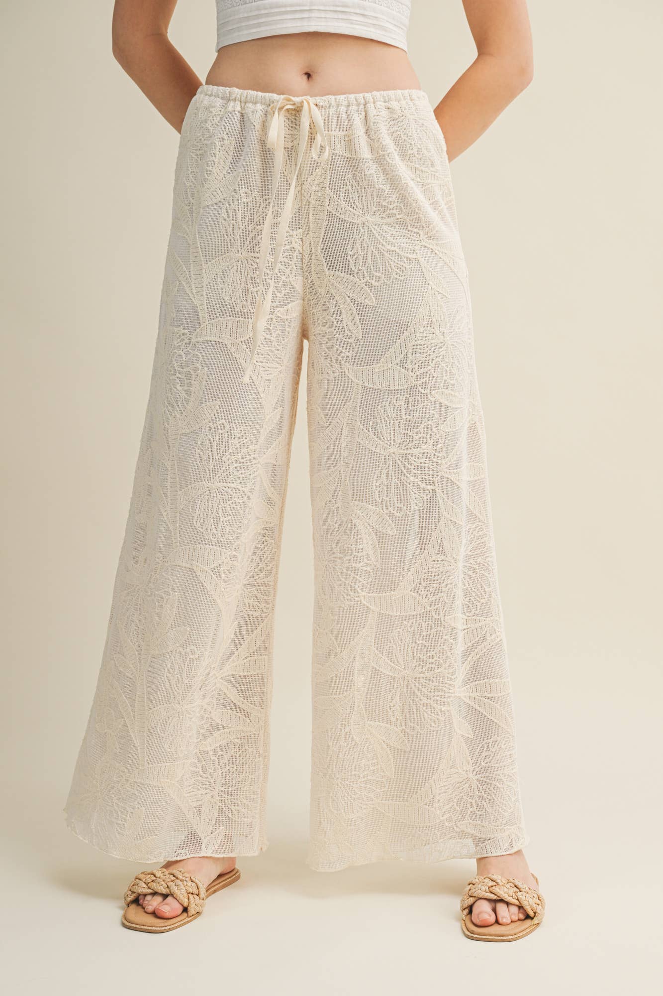 Floral Burnout Drawstring Wide-Leg Pants