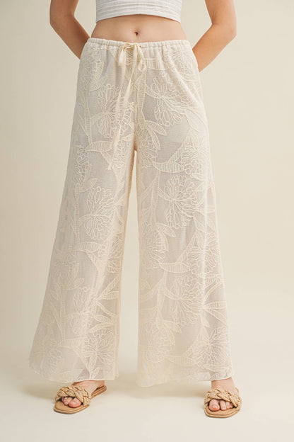 Floral Burnout Drawstring Wide-Leg Pants