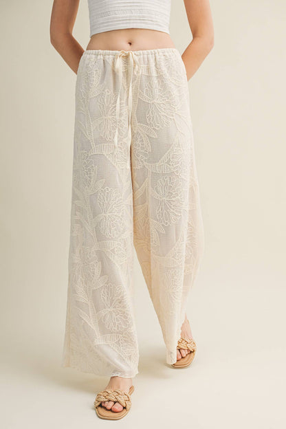 Floral Burnout Drawstring Wide-Leg Pants