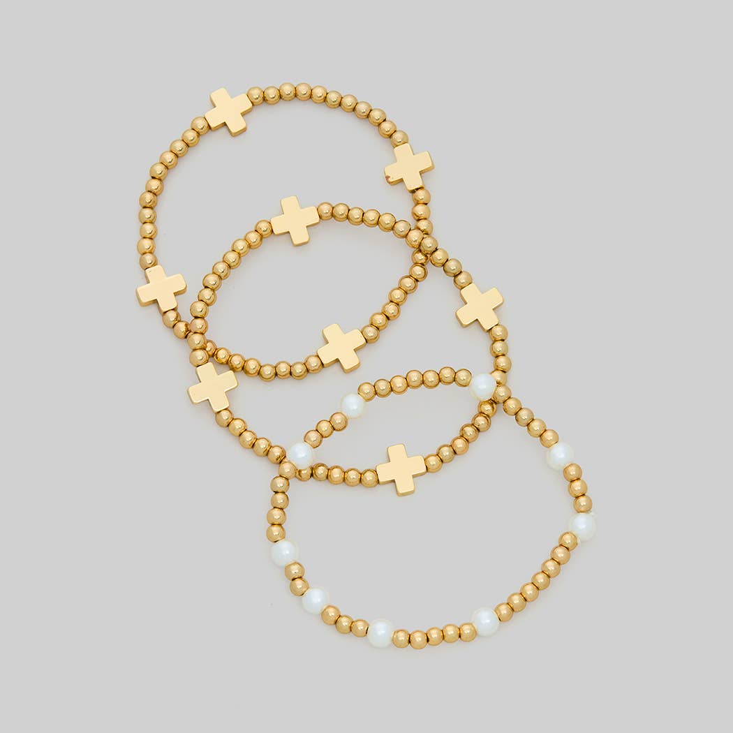 THREE PIECE CROSS CHARM BEADED STRETCH BRACELET