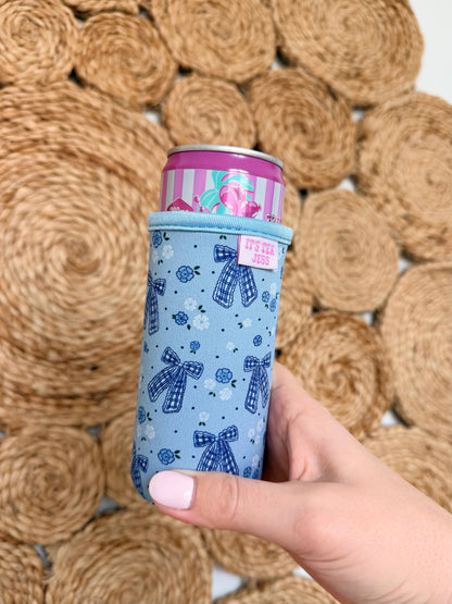 Slim Can Sleeve-Blue Gingham Bow