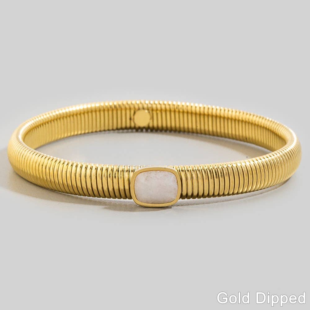 Stainless Steel Ribbed Stone Bangle Bracelet