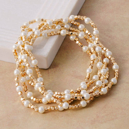 Pearl Gold Cube Bead Stretch Bracelet Set