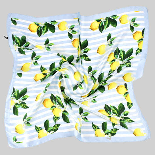 STRIPED SILKY SQUARE SCARF WITH LEMON PRINT