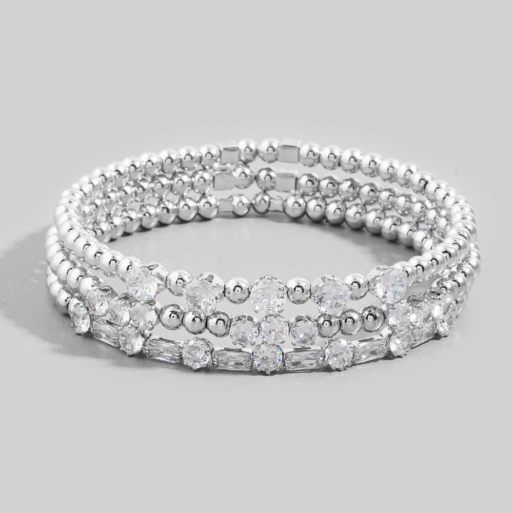 Mixed Cz & Ball Bead Stretch Bracelet Set