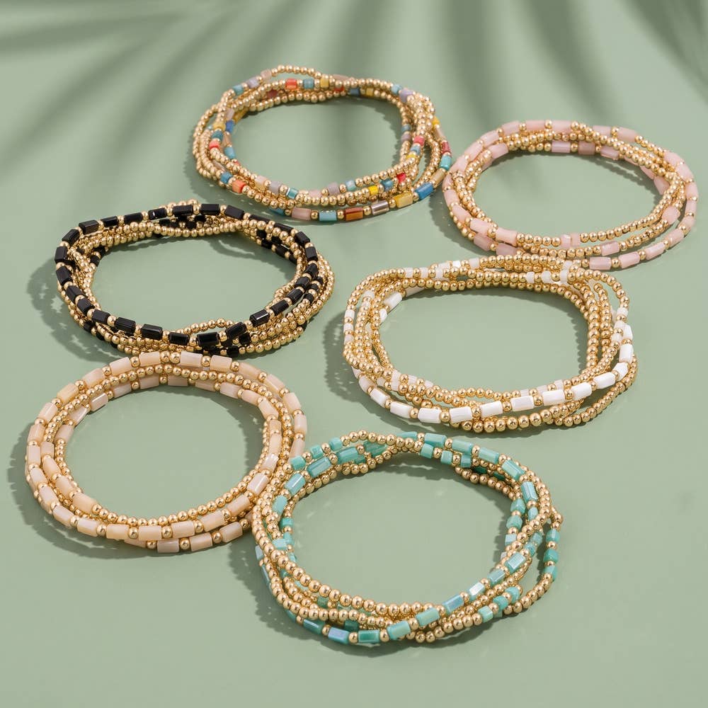 Ball Bead Stretch Bracelet Set With Crystal Accents