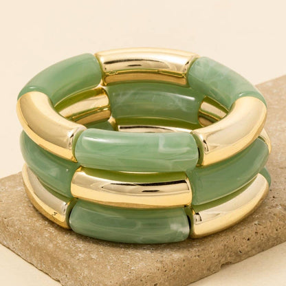 Metallic And Marble Resin Tube Elastic Bracelet Set