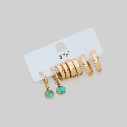 FOUR PIECE HOOP SET WITH DANGLING STONE CHARM