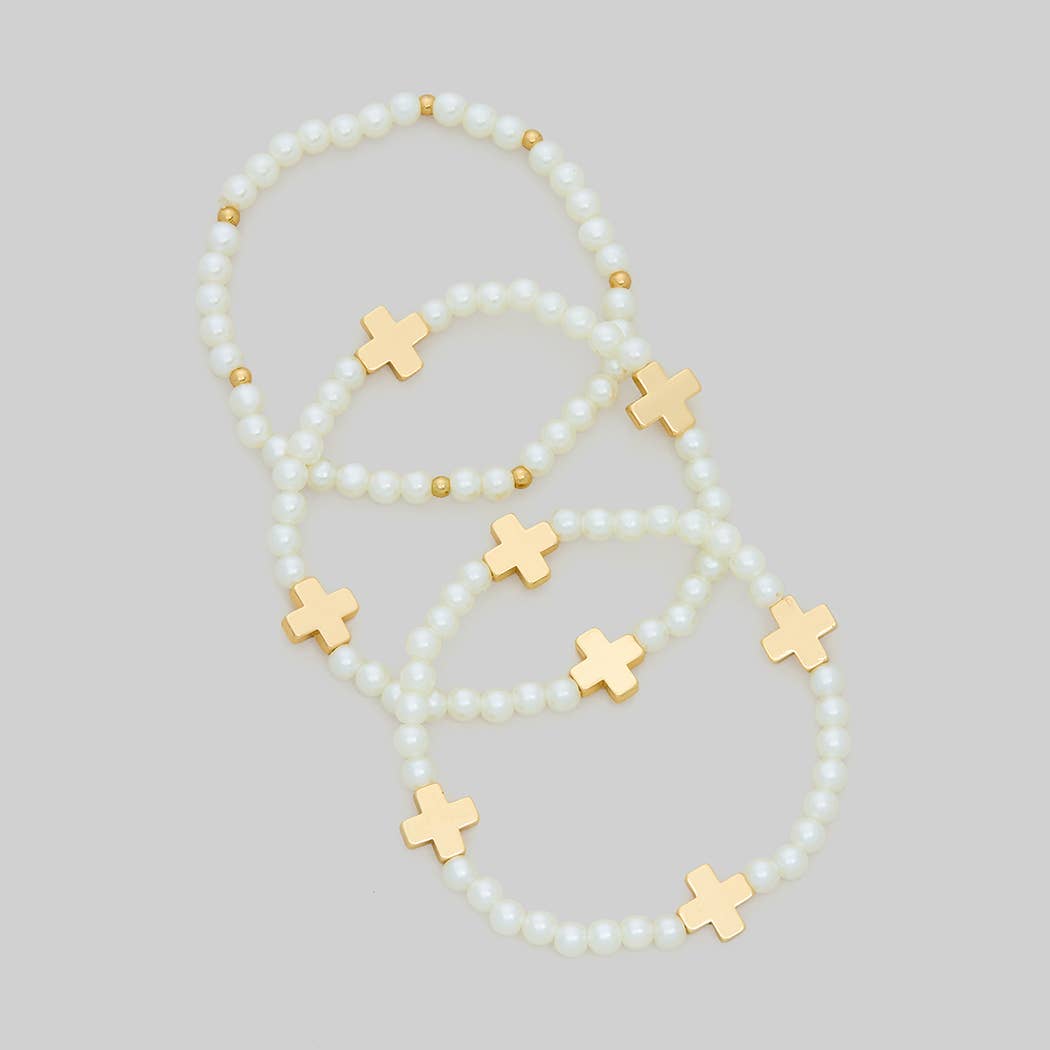 THREE PIECE CROSS CHARM BEADED STRETCH BRACELET