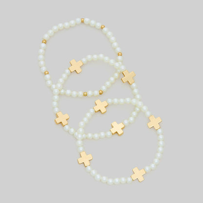 THREE PIECE CROSS CHARM BEADED STRETCH BRACELET