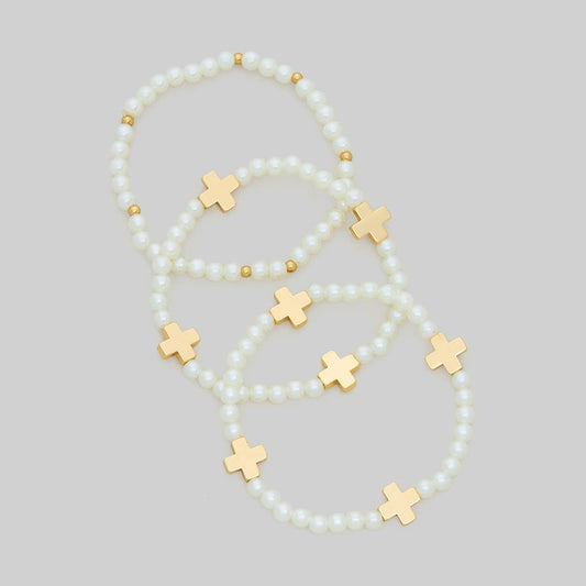 THREE PIECE CROSS CHARM BEADED STRETCH BRACELET