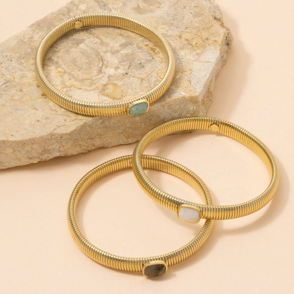 Stainless Steel Ribbed Stone Bangle Bracelet