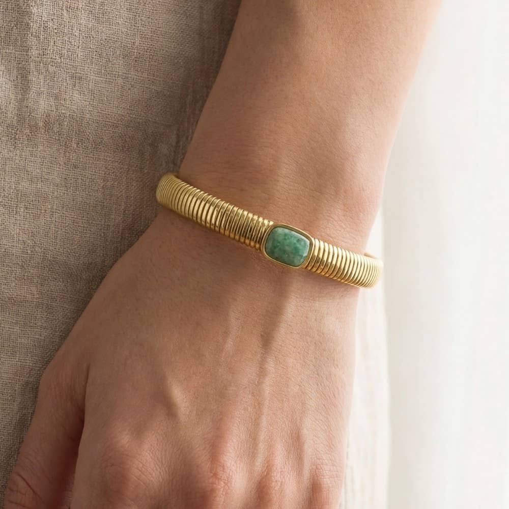 Stainless Steel Ribbed Stone Bangle Bracelet