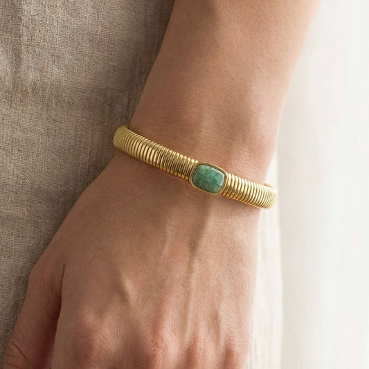 Stainless Steel Ribbed Stone Bangle Bracelet